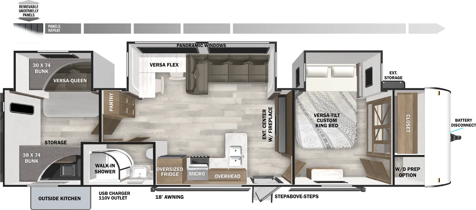 The Wildwood 33TS has one entry and three slide outs. Exterior features include: metal or fiberglass exterior, 18' awning and outside kitchen. Interiors features include: bunk beds and front bedroom.